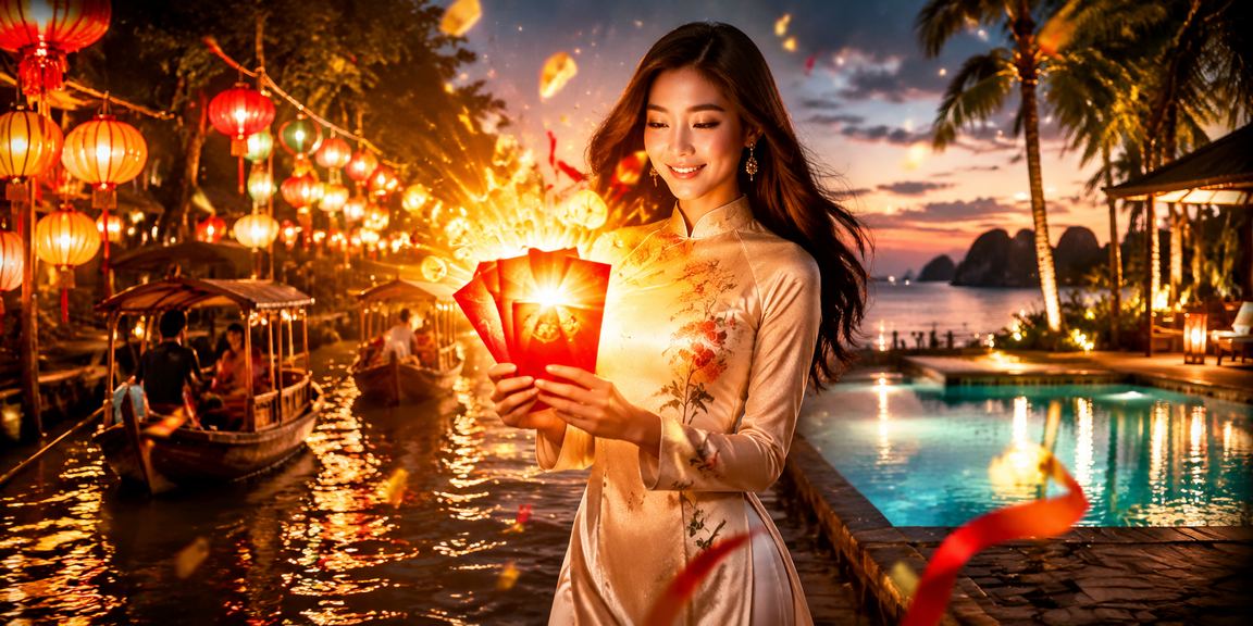 Không khí chợ đêm Mekong rực rỡ với phong bì đỏ may mắn và không khí lễ hội giải trí